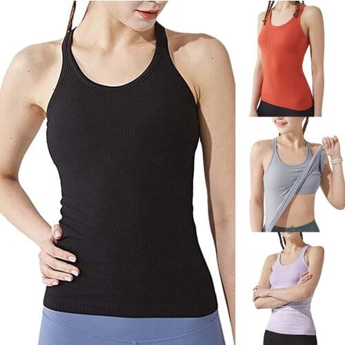 Womens Solid Tops Sleeveless O-Neck Yoga Vest Solid Tops Sleeveless Yoga Vest Shirt Workout Tees With Chest Pad футболка женский