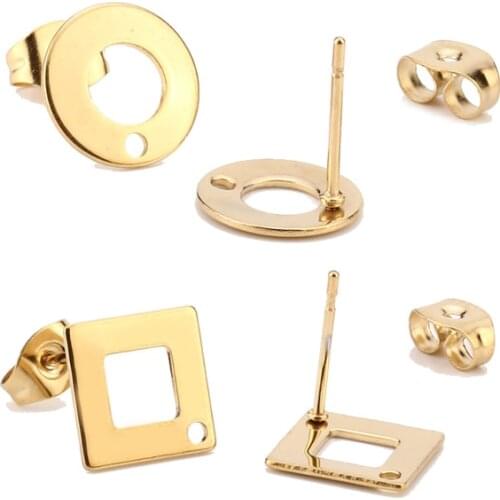 Gold Hollow Round Disc Ear Posts 10mm 18K Gold Plated Stainless Steel Geometric Disk Stud Earring Components with Hole