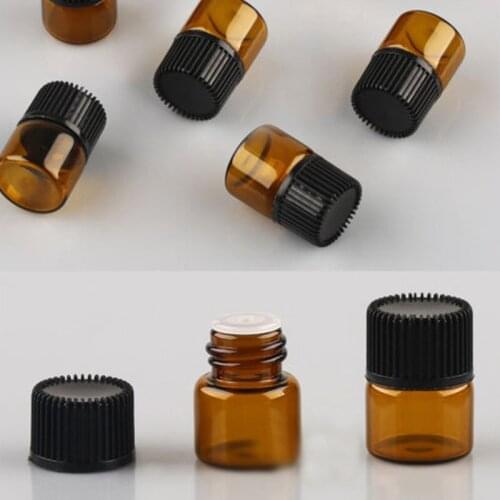 100pcs/lot 1ml Mini Amber Glass Essential Oil Bottle With Black Cap Brown Glass Bottle Sample Test Refillable Bottles