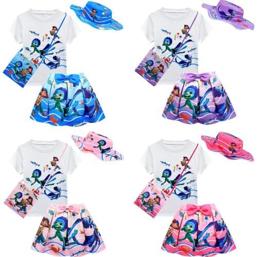4pcs/sets Moive Luca Disney Girls Childrens Clothing Sets Cute Hat + Cotton T-shirt + Bow Mini Dress + Square Messenger Bag
