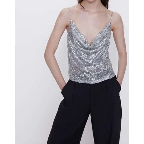 Sequins Thin Shoulder Strap Vest Female Summer Sexy Fashion Lnner Lap Front And Back V-Collar Bottoming Out Upper Outer Garment