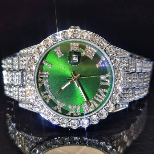 MISSFOX Platinum Green Dial Watch Mens Full Diamond Luxury Fashion Man Watches Roman Numeral Hiphop Quartz Relógio Masculino