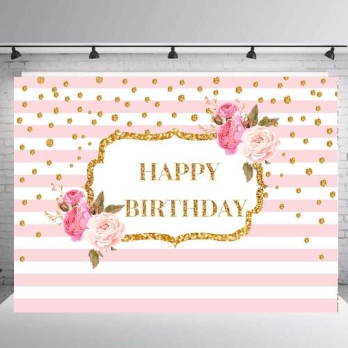 Floral backdrop girl party banner golden dots pink stripes background birthday party banner cake table dessert photo booth B-409