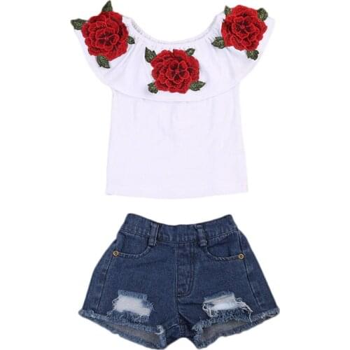 Kids Baby Girls Clothes Set Fashion Toddler Baby Girl Off Shoulder Flower Tops Denim Hot Shorts Pants Outfits Clothing Set 1-6Y