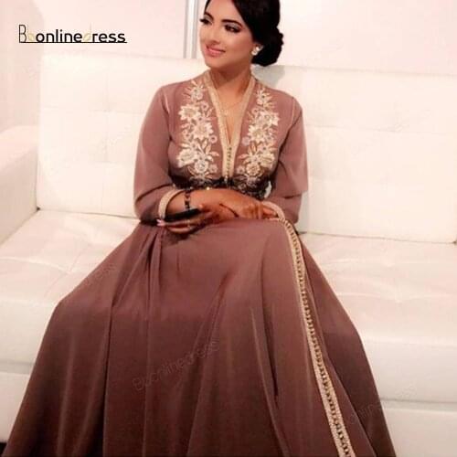 Party-Dress Moroccan Kaftan Evening Dresses Embroidery Appliques Long Evening Dress Full Sleeve Arabic Muslim Formal Gown