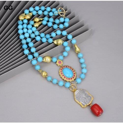 GuaiGuai Jewelry 2 Strands Blue Turquoises Necklace Keshi Pearl Clear Quartzs Buddha Head Pendant Necklace 20" Religious Style