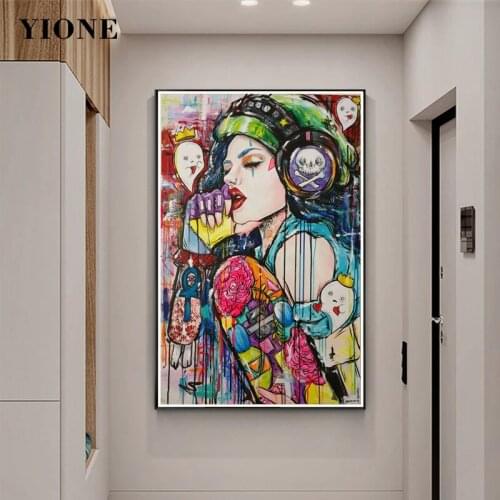 Cool Street Girl Canvas Painting Print Skateboard Ghost Skull Headset Abstract Graffiti Art Poster Wall Picture for Living Room