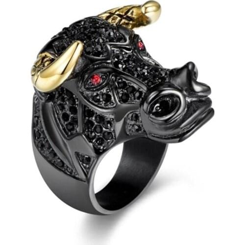Animal Bull Head Ring Black/Gold Color Tau Rings Mens Rock Rapper Jewelry