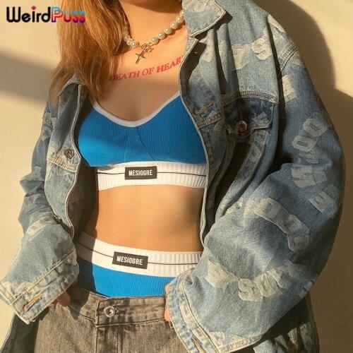 Weird Puss Ribbed Letter Print Cotton 2 Piece Set Beach Style Bra Padded Top+Thong Matching High Quality Casual Vacation Outfits