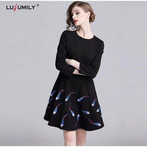Lusumily Women Embroidery Dress High Quality Office Dress Spring Autumn Female Robe Casual O Neck Elegant Party Dresses Vestidos