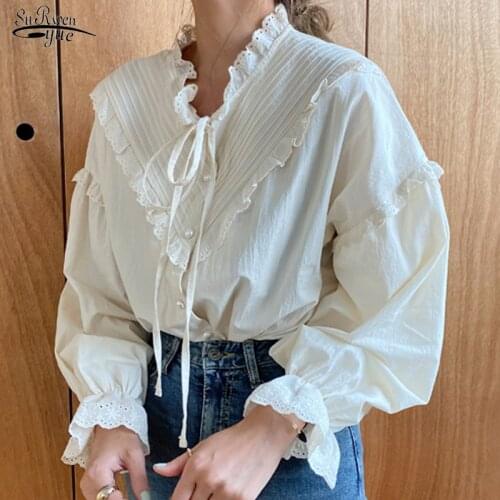 New Loose Clothing Blusas 2020 Cotton Vintage Elegant Tops Women Shirt Korean Style Solid Long Lantern Sleeve Women Blouse 9580