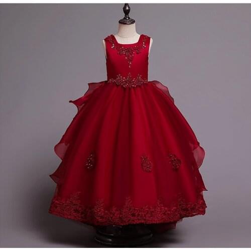 Princess Party Dress Pearl Petal Birthday Children Clothing Lace Wedding Gown Kids Dresses for Girls Floral Elegant For 4-12 Age