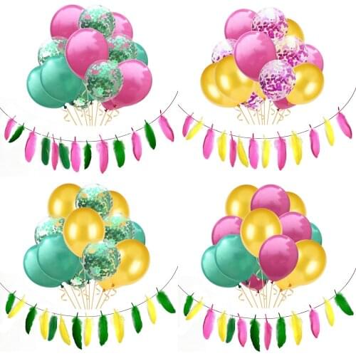1set 15pcs 12 Inch DIY Transparent Confetti Latex Balloon with Feather Banner Kids Birthday Party Wedding Festival Decor Ballons
