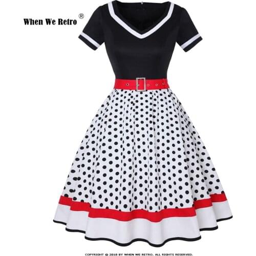 Plus Size Women Vintage Dress Belt Polka Dot V-Neck Short Sleeve Hepburn Sundress Sweetheart Pin Up 50s Party Vestidos VD2080