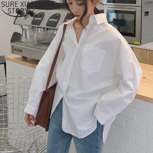 Casual Turn-down Collar Women White Shirt Cotton 2021 Spring Autumn Vintage Ladies Tops Long Sleeve Womens Loose Blouses 11456