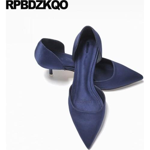 Satin Women Silk Scarpin Summer Evening Navy Blue Pumps Size 4 34 Footwear Chic Classic D'orsay Medium Sexy Shoes Pointed Toe