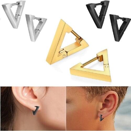 1pc Black Gold Steel Three Colors Fashion Sipmle Mens Punk Rock Stainless Steel Triangle Ear Earrings Jewelry