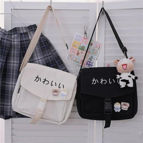 Cute Japanese Street Diagonal Cross Bag Harajuku Canvas Shoulder Bag 90s Vintage Womens Kawaii Y2k Zipper Couple ​Messenger Bag