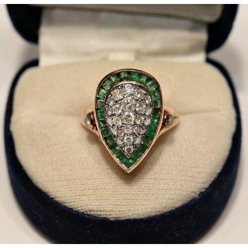 PERFECT NEW MADE 8K GOLD NATURAL DIAMOND AND EMERALD DECORATED DROP STYLE RING