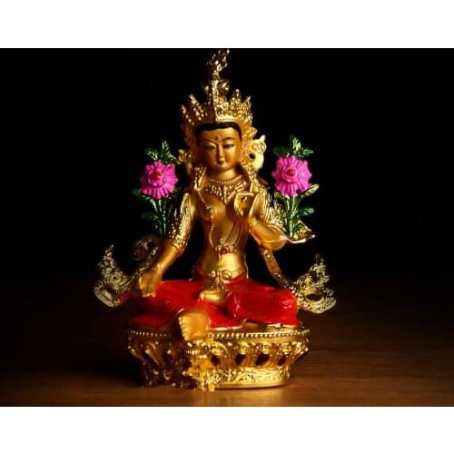 Buddhist Alloy Metal Exquisite Colored Efficacious Tibetan Bodhisattva Green Tara Buddha Gilding Statue Putting Decorations