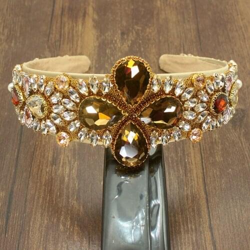 Vintage Bohemia Big Green Champagne Crystal Rhinestones Headdress Flower Tiara Luxury Headpiece Accessories For Womens Wedding