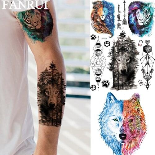 Wolf Forest Galaxy Lion Tiger Temporary Tattoos Sticker Geometric Planets Realistic Tatoos Fake Body Art Arm Tattoo For Men