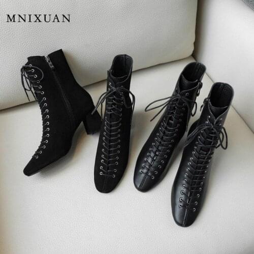 MNIXUAN Women Shoes 2019 New Spring Autumn Square High Heels Ankle Boot Genuine Leather square toe Block Heel Shoes Punk Boots