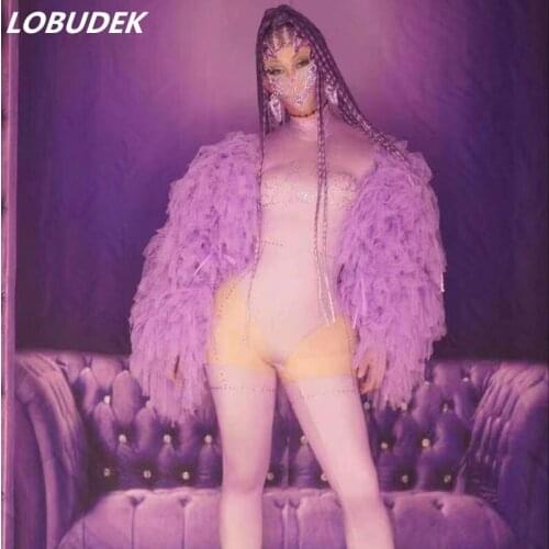 Purple Tassel Puff Sleeve Rhinestones Jumpsuit Women Singer Dancer Stage Wear Birthday Celebrate Nightclub Bar DJ Dance Costume