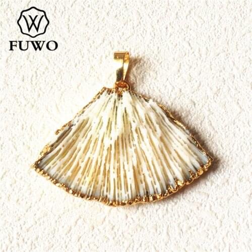 FUWO Natural White Coral Pendant With 24K Gold Trimmed arc-shaped Coral Shell Boho Jewelry Fittings Wholesale PD566