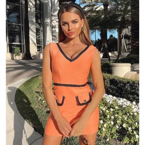 New Fashion 2021 Women Summer Sexy Sleeveless V Neck Orange Mini Bandage Dress Elegant Celebrity Evening Runway Party Club Dress