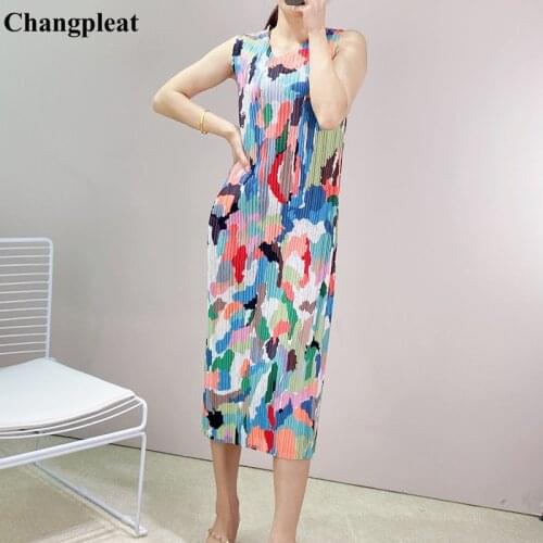 Changpleat 2021 Summer New Miyak Pleated woman dress Fashion Printed Slim O-neck Elastic waist plus size dresses Tide