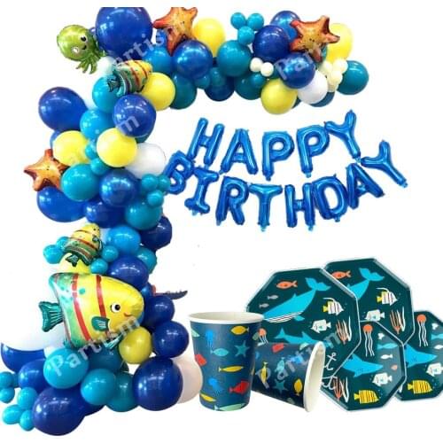 1SET Shark/Dolphin/Fish Cartoon Balloons Under Sea Animal Cake Toppers Happy Birthday Kids Paper Banner Decor Party Supplies