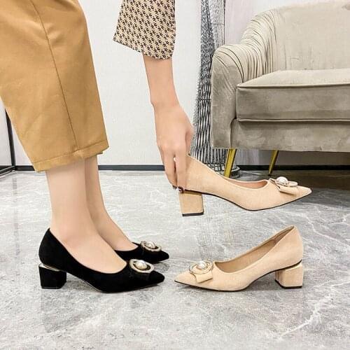 2021 Classic Pumps Sexy Woman Pointed Toe Bride Nude Black Heels Size 33- 43 Fashion Office Lady Thick Heel Party Wedding Shoes