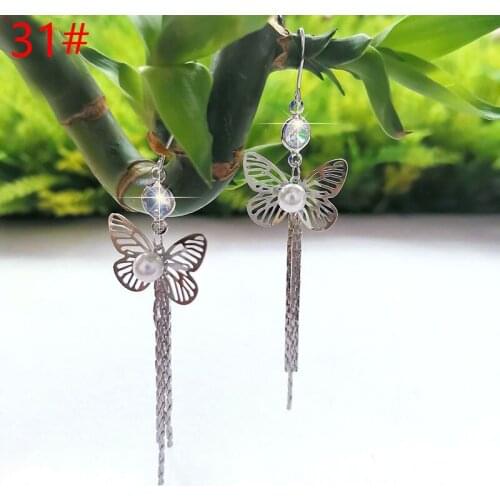 2021 New Ornaments Temperament Tassel Butterfly Korean Version Joker Personality Fashion Water Drill in Long Earrings