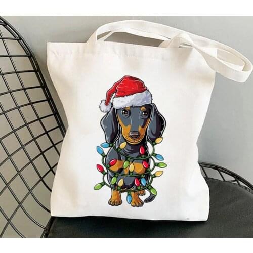 2021 Shopper Christmas Dachshund Printed Kawaii Bag Harajuku women Shopping Bag Canvas girl handbag Tote Bag Shoulder Lady Bag