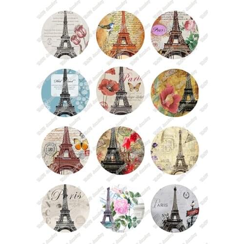 24pcs/lot 24different Style Round French Paris Eiffel Tower Bird Flower Pattern Glass Cabochon Gems for DIY Jewelry Finding T079