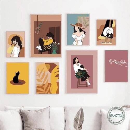 Abstract Vintage Vacation Girls Poster Black Cat Leaf Flower Line Drawing Canvas Painting Wall Art Prints Pictures Home Decor