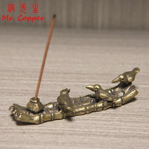 Antique Copper Bamboo Raft Fishing Bird Cormorant Creel Figurines Vintage Brass Incense Burner Tea Table Decorations Accessories