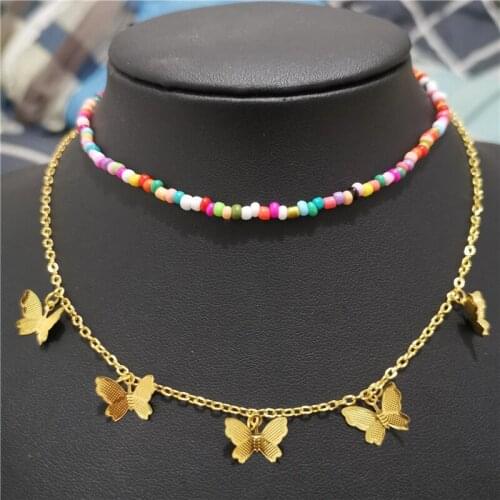Bohemian Fashion Gold Color Butterfly Beaded Necklaces for Women Cartoon Smiley Beads Choker Necklace for Women 2020 Statement