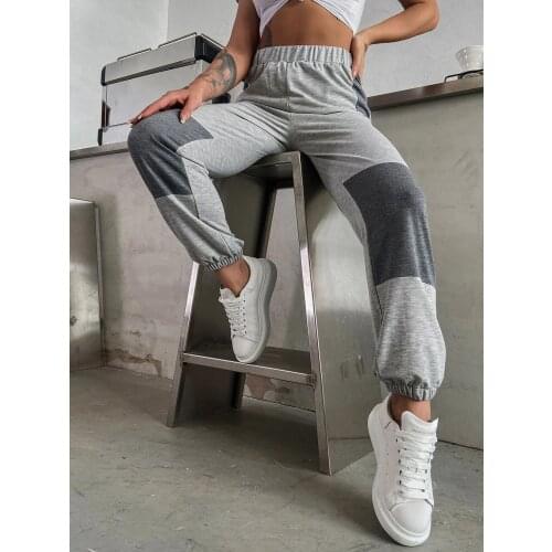 Women Casual Joggers Trousers Contrast Color Patchwork Elastic High-waist Beam Feet Pants Female Sports Sweatpants Harem Pants