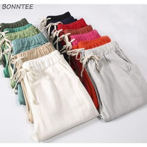 Pants Women Ankle-Length Summer Breathable Trendy Loose Linen Pockets Korean Style Leisure Womens Drawstring Simple Ladies Chic
