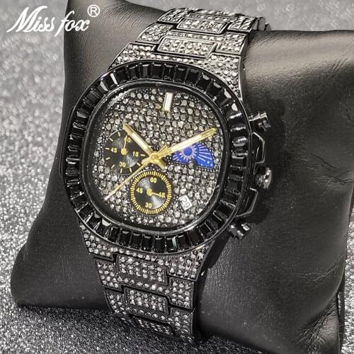 Relogio Quadrado Masculino MISSFOX Bling Fashion Ice Out Diamond Large Male Watch Multifunction Luminous Waterproof Wristwatches
