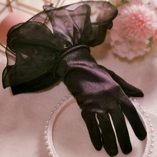 Black Fashion Gloves Elastic Mercerized Silk Satin Red Short Large double-Layer Organza Ruffle Women Gloves Prom Evening Glove