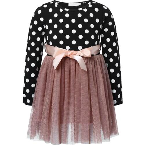 Kids Girls Casual Dresses Streetwear Long Sleeve Polka Dot Print Pattern Thread Gilttering Knee Length Mesh Dress with Tie Front