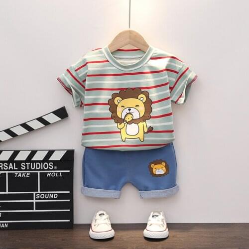 Summer Children Out Clothes Baby Boy Cartoon Striped LION Short Sleeve T Shirt+denim Shorts 2Pcs/sets Infant Outfit Toddler 1-5y