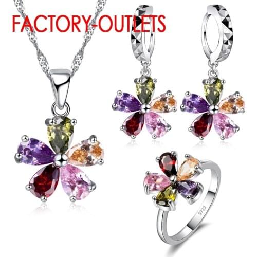 Pendant Necklace Hoop Earrings Ring Jewelry Set 925 Sterling Silver Austrian Colourful Crystal Lovers' Gift For Anniversary
