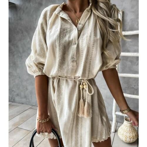 Summer Sexy Womens Boho Style Floral Print Mini Dress Ladies Bodycon Short Sleeve Bandage Waist Linen Dress Womens Sundress