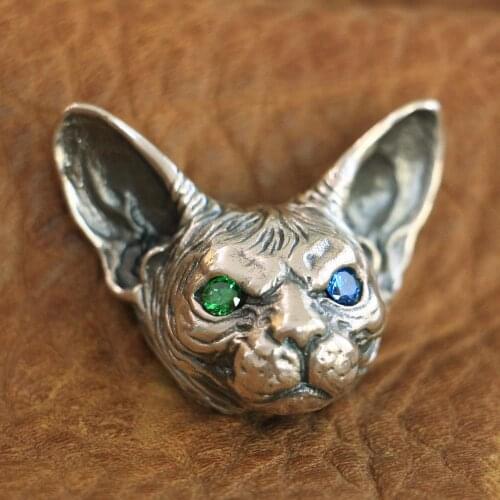 LINSION High Details 925 Sterling Silver Sphynx Cat Pendant Mens Biker Pendant TA113 JP