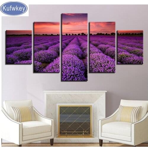 5 Pieces Purple Lavender Fields Sunset Landscape Diamond painting Diamond mosaic Full drill Square embroidery sale home decor