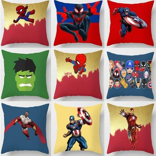 45*45 Disney Avengers Superhero Marvel Spiderman Captain Falcon Hulk Silk PillowCase Car Home Cushion Cover Kid Party Decoration